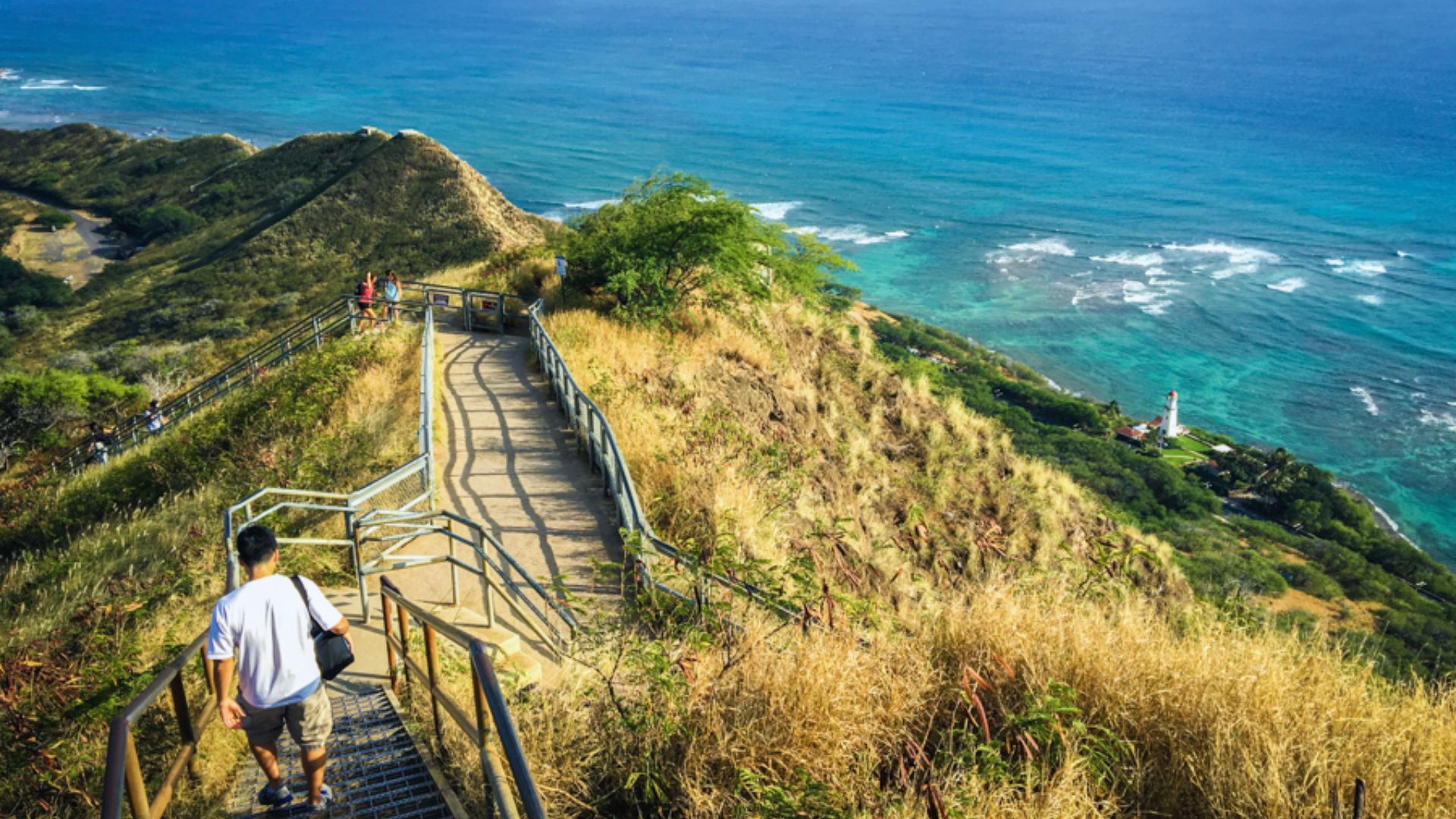 A man ascends a steep staircase leading to the summit of a mountain, surrounded by rocky terrain and clear blue skies.