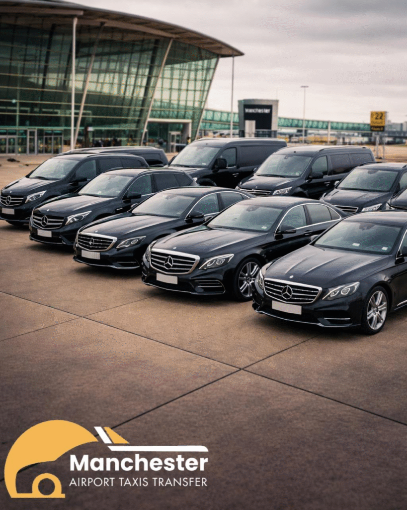 A fleet of black Mercedes cars and vans is parked outside an airport terminal. Manchester Airport Taxis Transfer logo is displayed in the foreground.