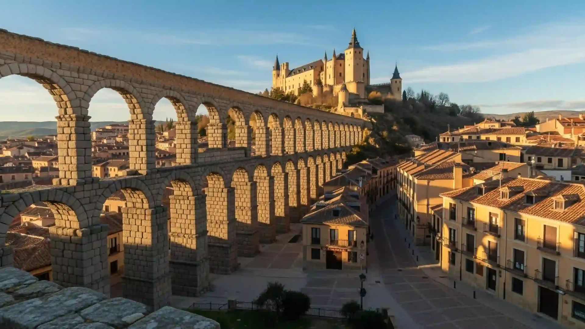The ancient Aqueduct of Segovia, Spain, showcasing its impressive stone arches against a clear blue sky.