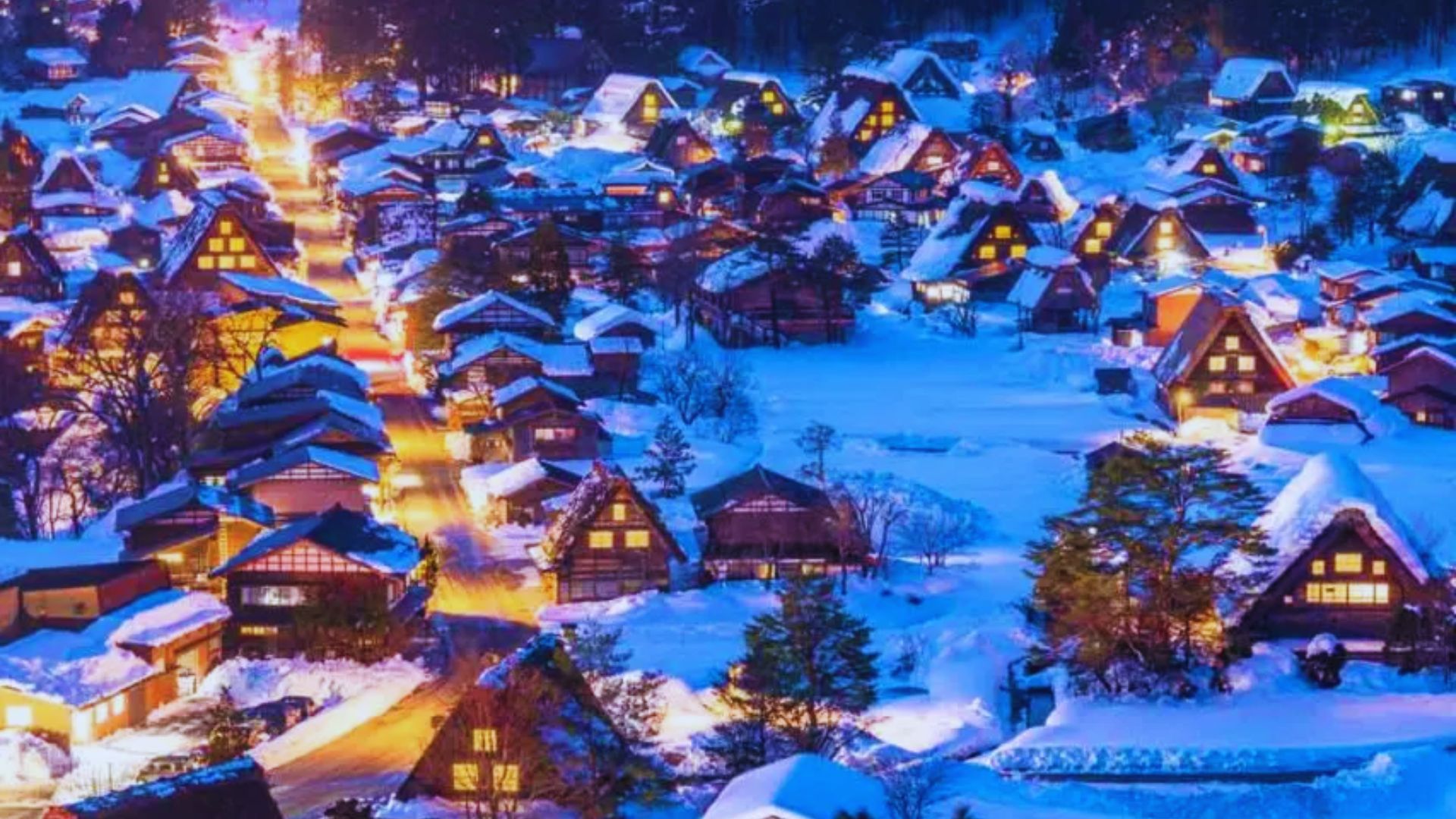 A serene village blanketed in snow, illuminated by soft moonlight on a quiet winter night.