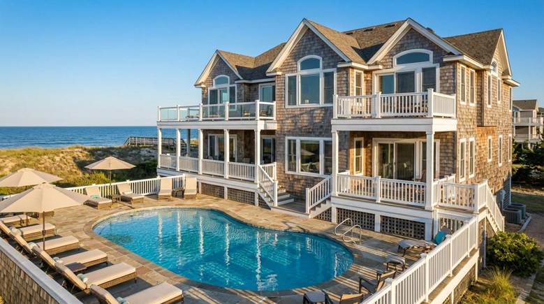 A beach house featuring a pool and a spacious deck, surrounded by a scenic coastal landscape.
