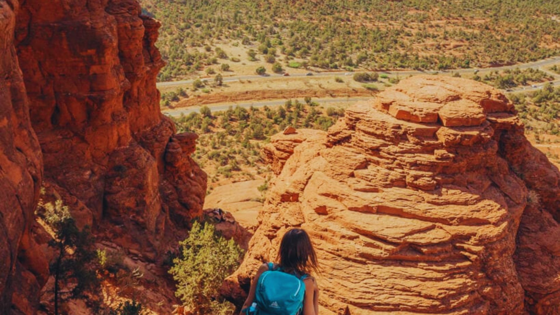 A hiker with a blue backpack overlooks a vast desert landscape with red rock formations and scattered green shrubs under a clear sky.
