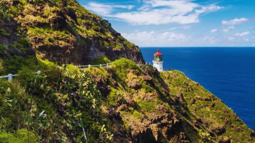 Lush green cliffs with a winding path lead to a distant lighthouse. The ocean meets the clear blue sky, creating a serene and picturesque scene.