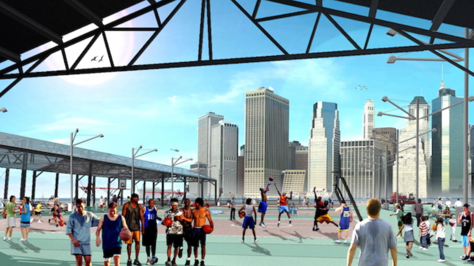 Artist's rendering of a new basketball court in a New York City park, featuring vibrant colors and modern design elements.