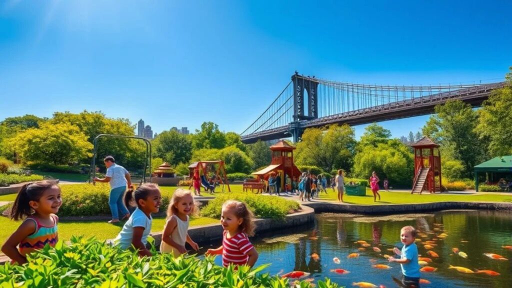 A group of children enjoying playtime in a park, featuring a bridge in the background.