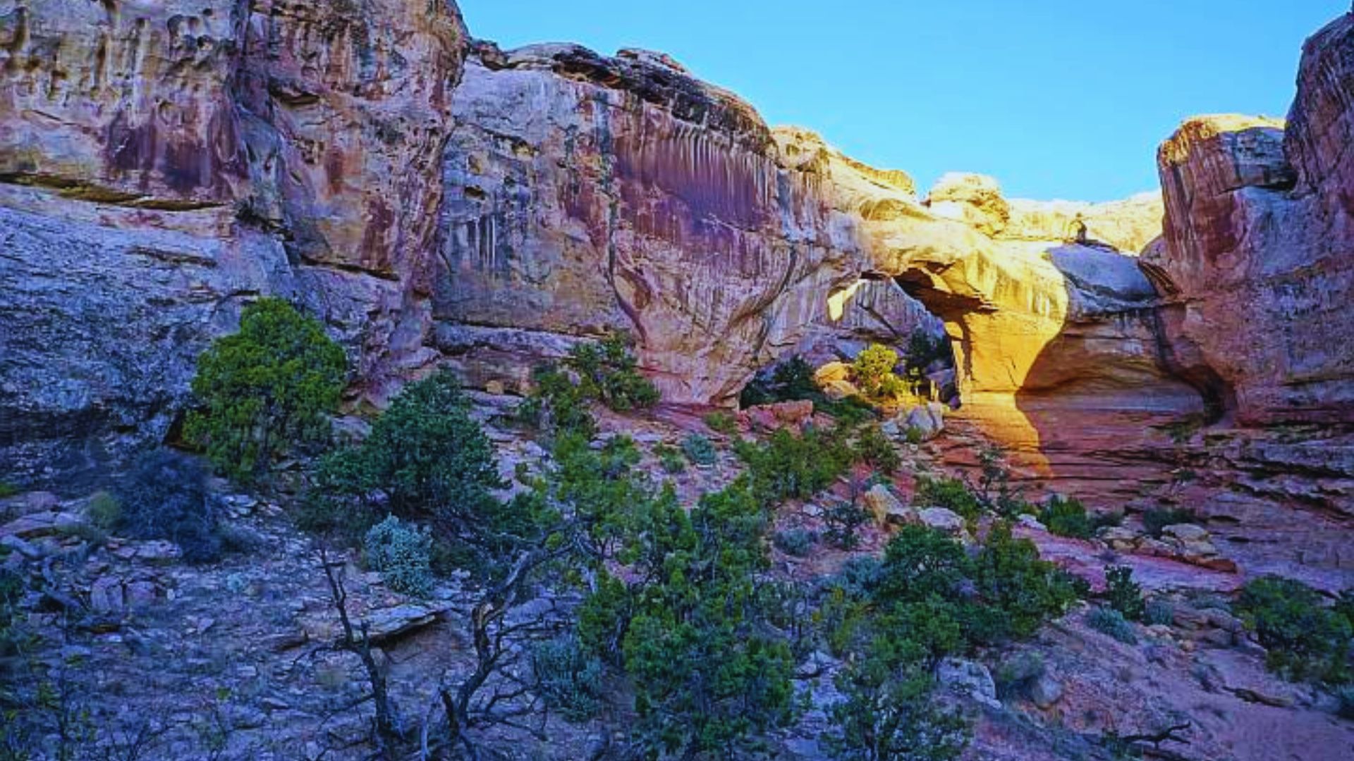 Photograph of a sun arch created by a person, showcasing a vibrant display of light and shadow.
