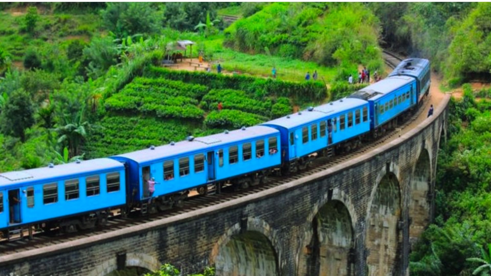 A blue train crosses a bridge over a vibrant green valley, showcasing the scenic landscape below.
