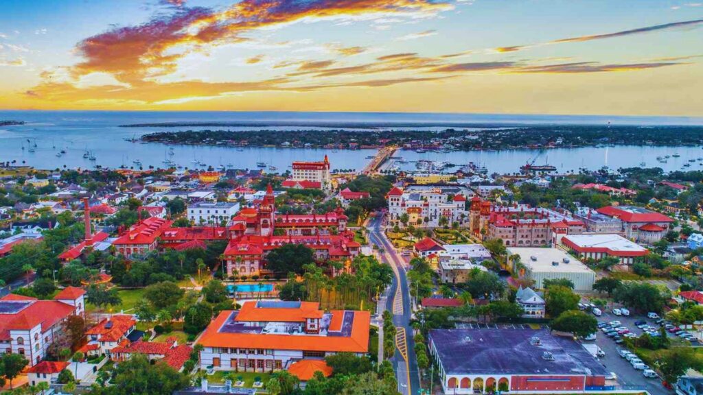 Aerial view of St. Augustine, Florida, showcasing the city's historic architecture and coastal landscape.