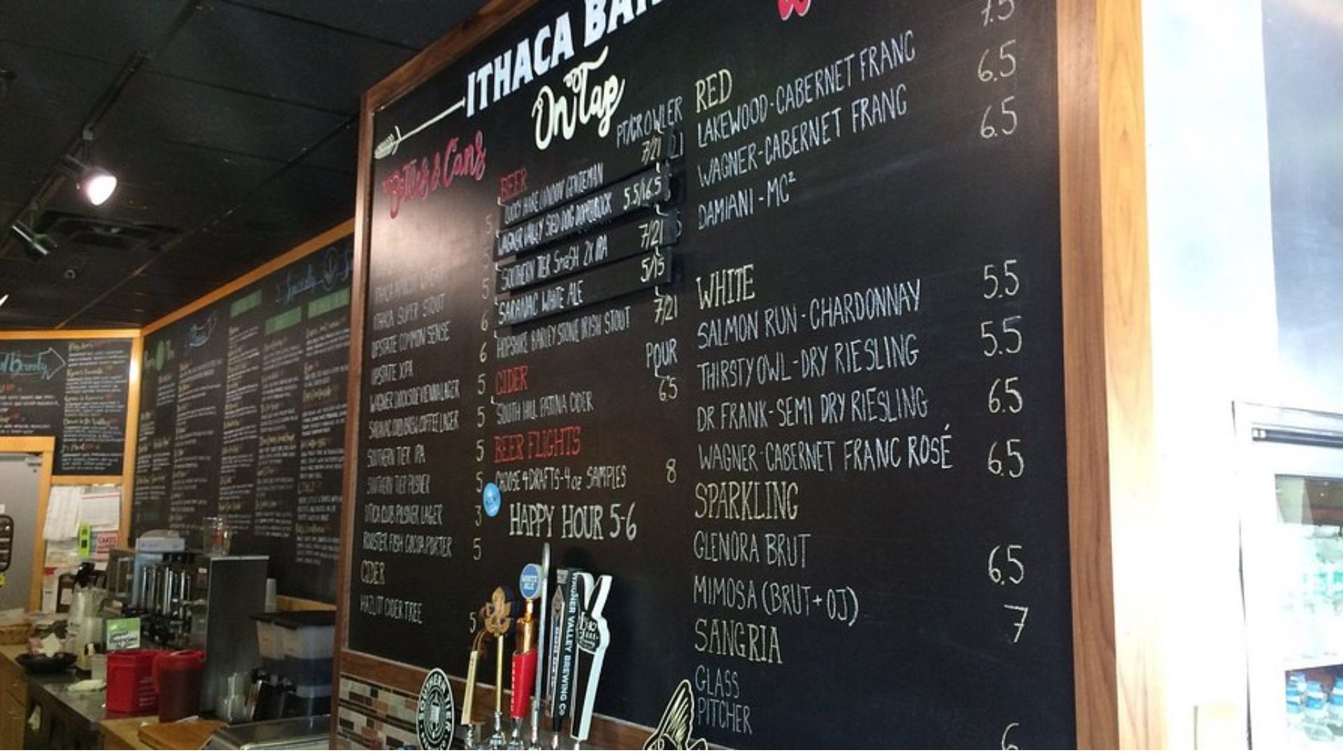 . A chalkboard displaying various menu items written in white chalk on a dark background.