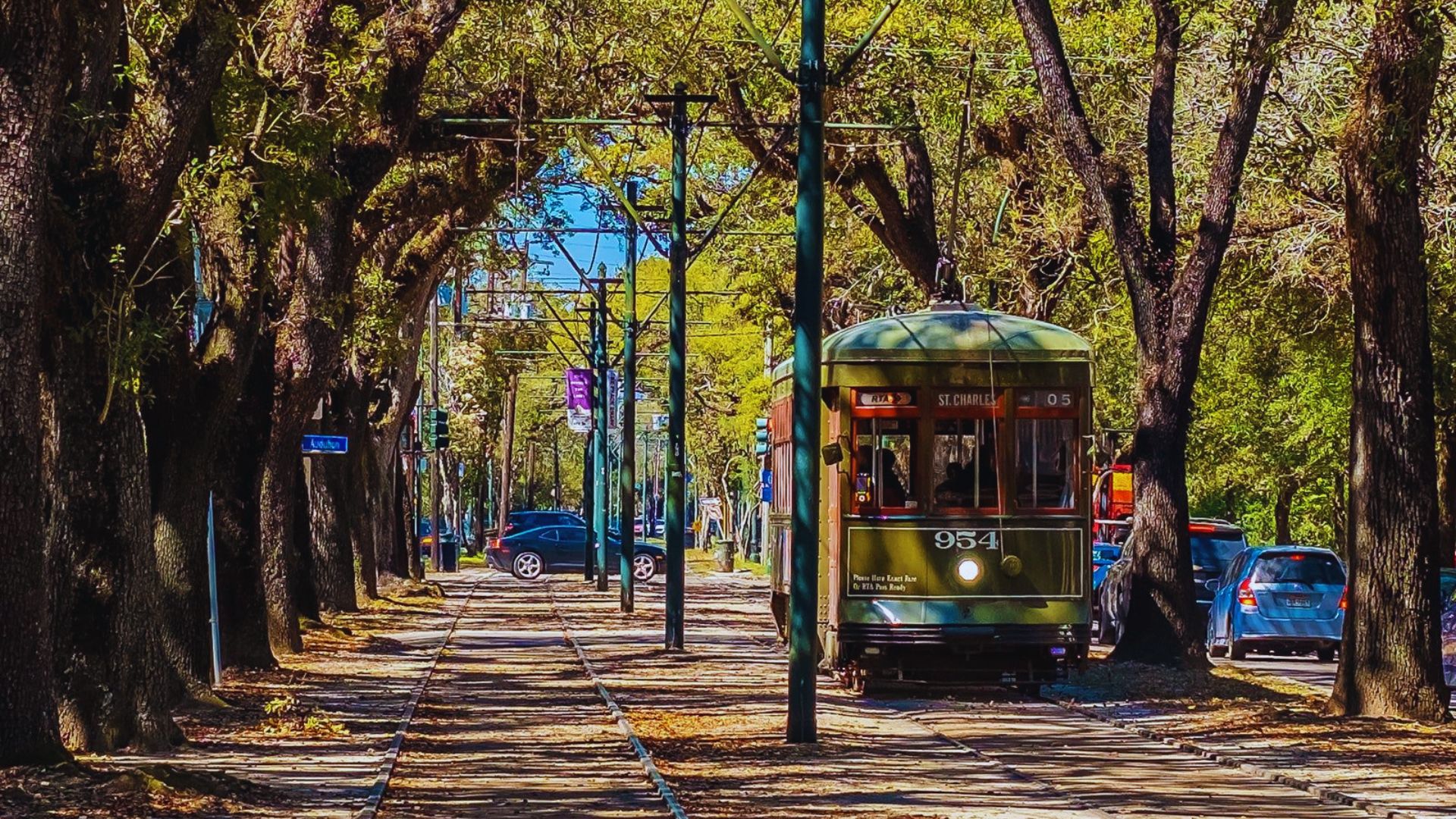 A trolley car travels down a tree-lined street, showcasing a blend of urban transport and natural scenery.