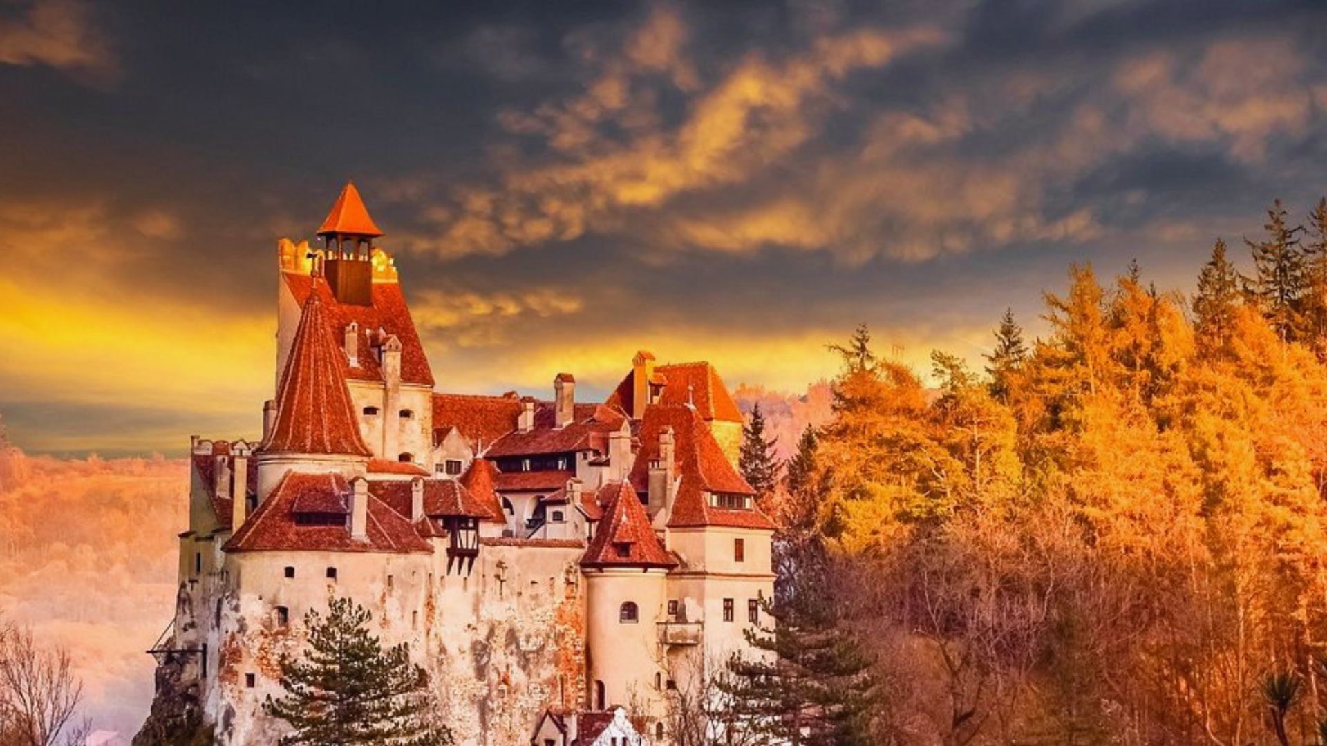A majestic castle with red-roofed towers sits amidst vibrant autumn trees under a dramatic, fiery sunset sky, evoking a sense of mystery and grandeur.