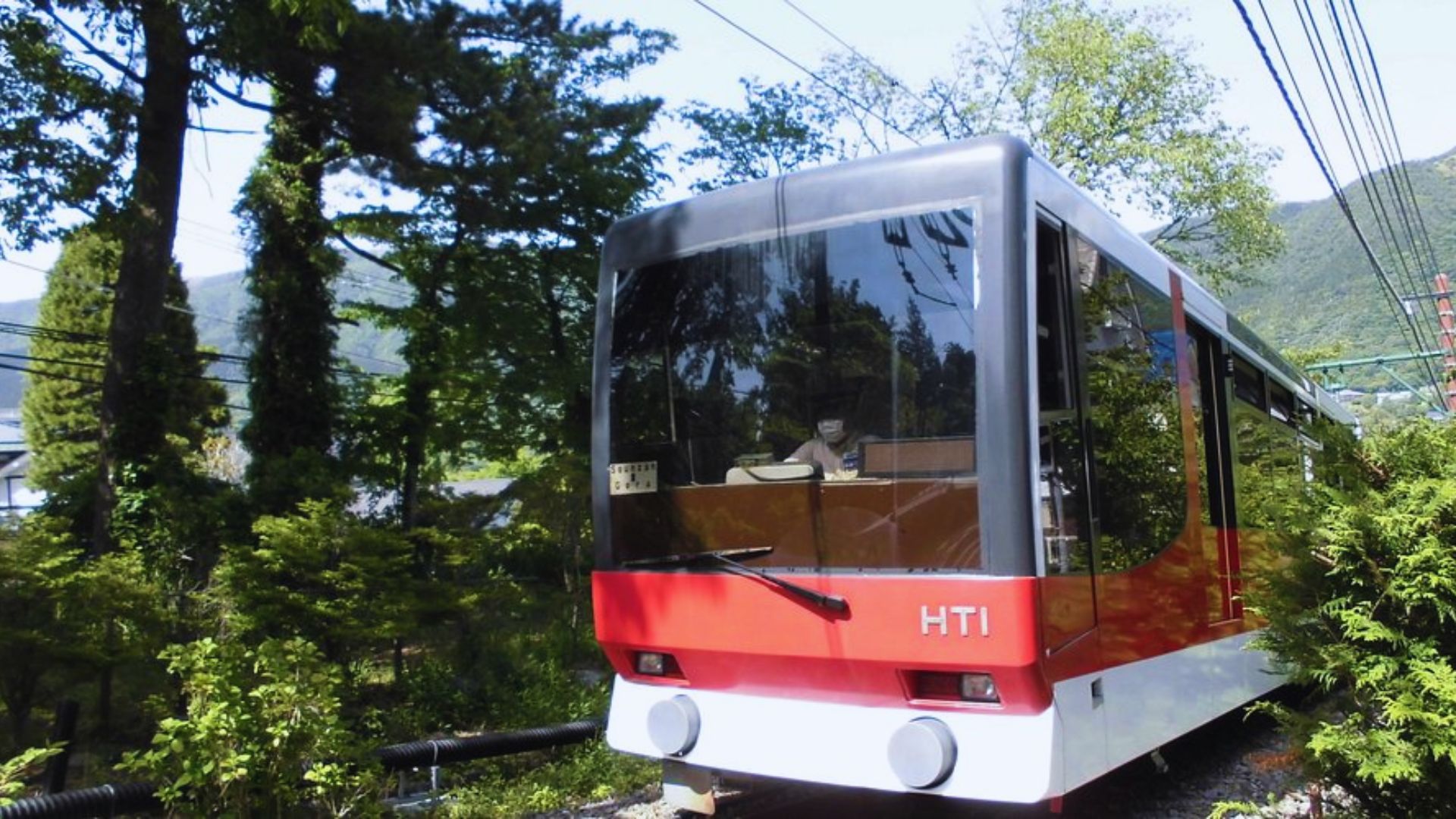 A modern red and white train travels through a lush, green forest, reflecting trees in its large front window under a bright, clear sky.