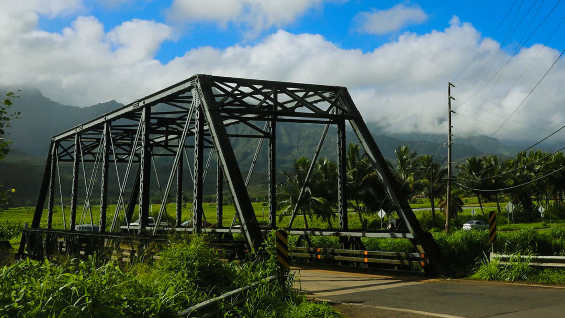 Steel truss bridge over a lush, green landscape with mountains and palm trees in the background under a partly cloudy blue sky. Peaceful atmosphere.