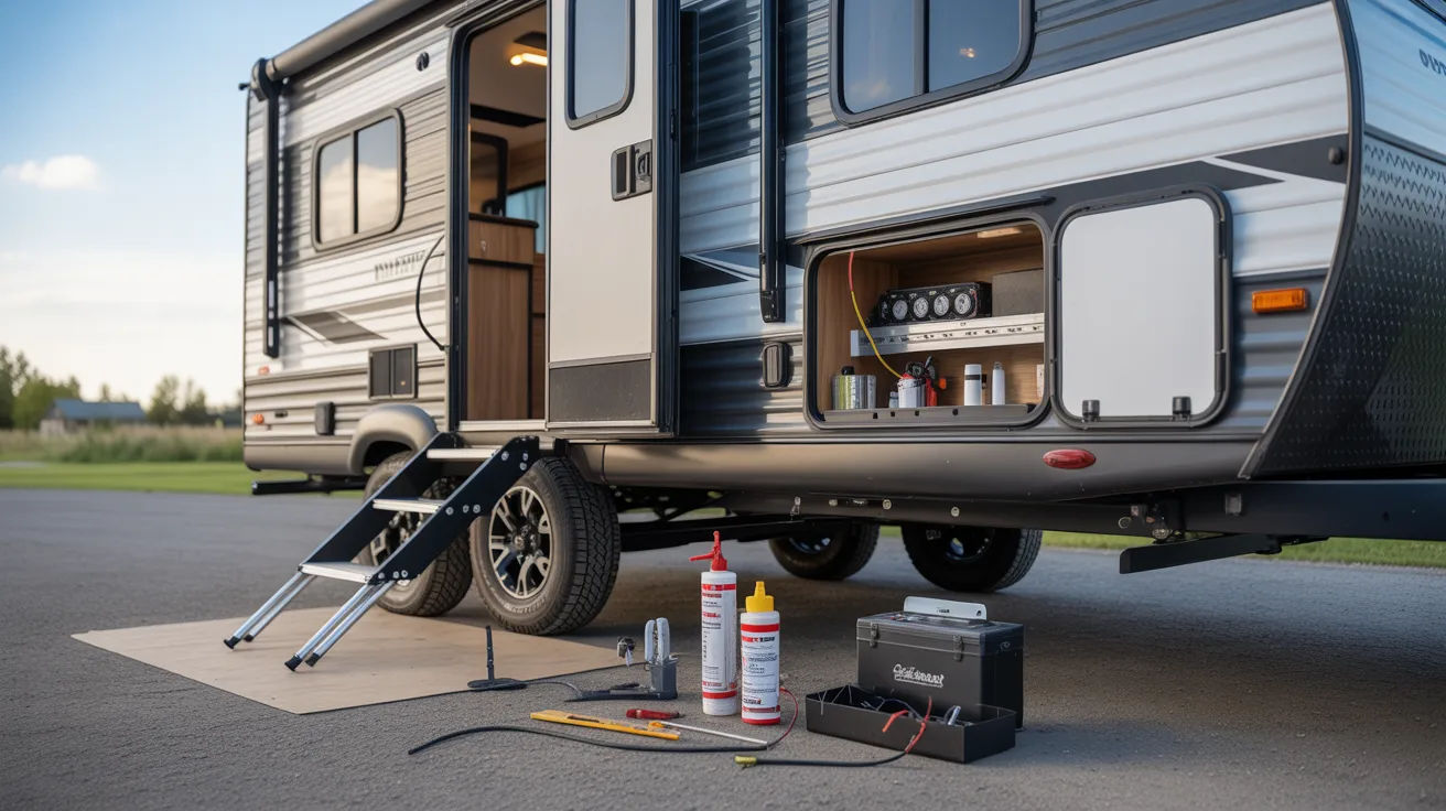 A compact RV interior featuring a small stove and a small fridge for cooking and food storage.