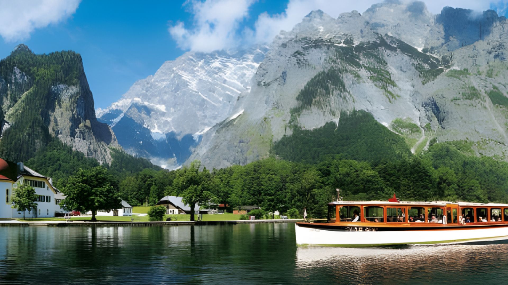 A boat glides down a river, surrounded by majestic mountains in the background.