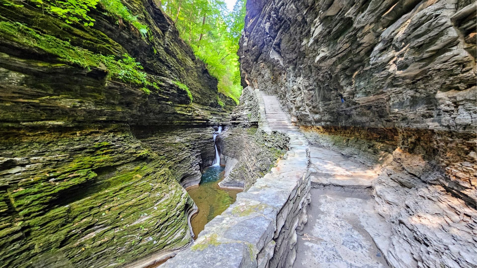 A narrow path descends into a canyon, surrounded by rocky walls and sparse vegetation.