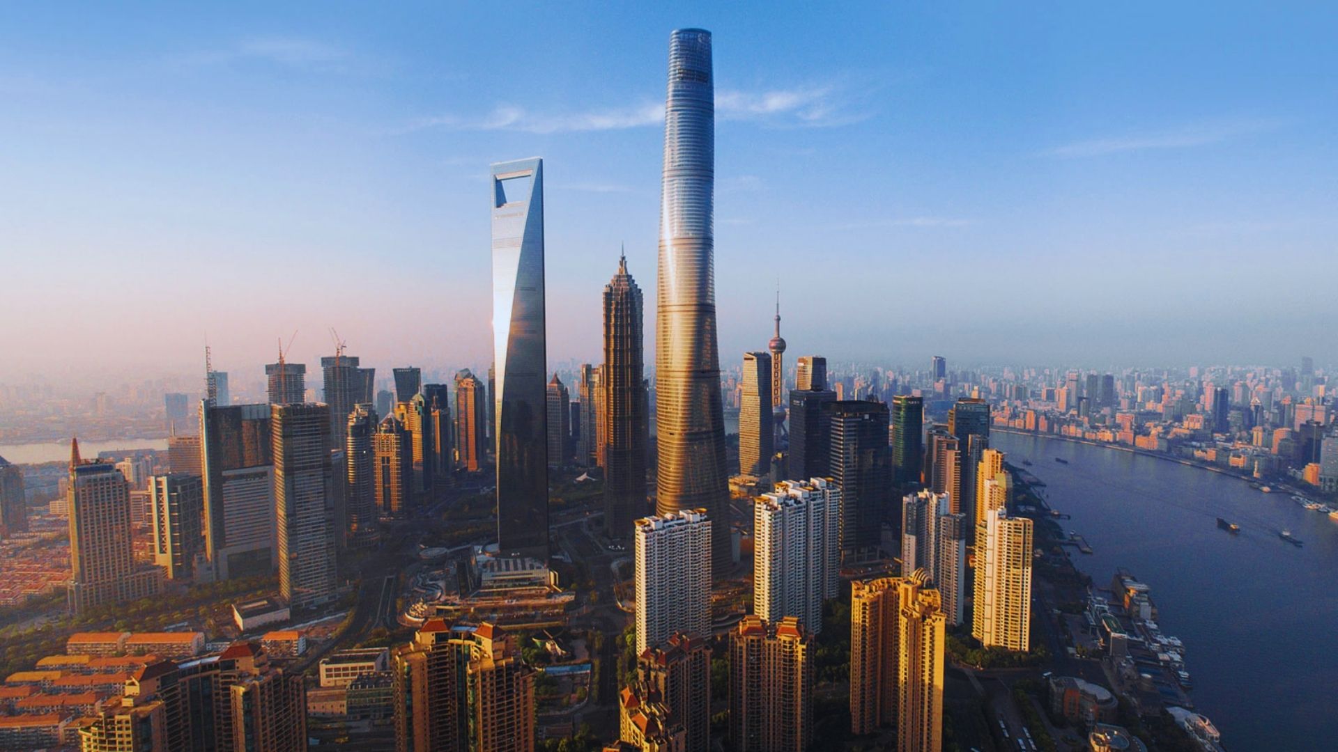 Aerial view of the Pudong Tower, the world's tallest building, showcasing its impressive height and modern architecture.