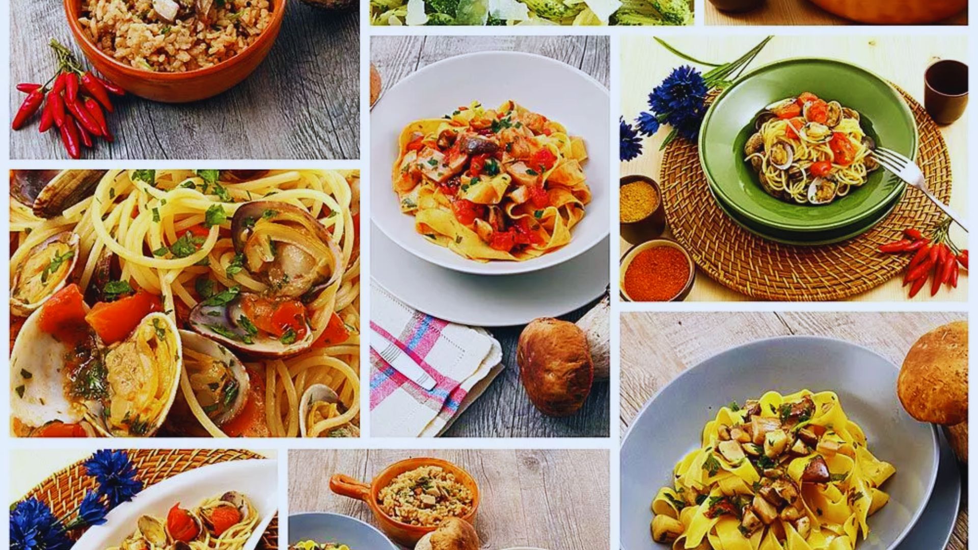 A collage showcasing various pasta dishes, including spaghetti, lasagna, and ravioli, beautifully arranged on plates.