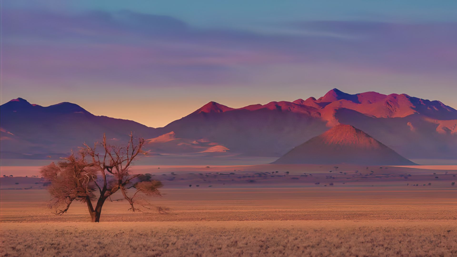 A solitary tree stands in a vast, arid landscape under a colorful sunset. Mountains in the background are bathed in soft, pink and purple hues, creating a serene scene.