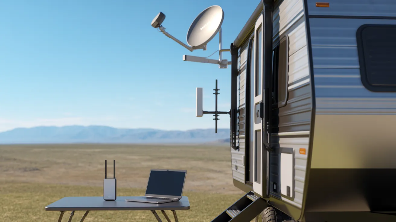 A small RV equipped with a laptop and a satellite dish, showcasing mobile technology for remote work.