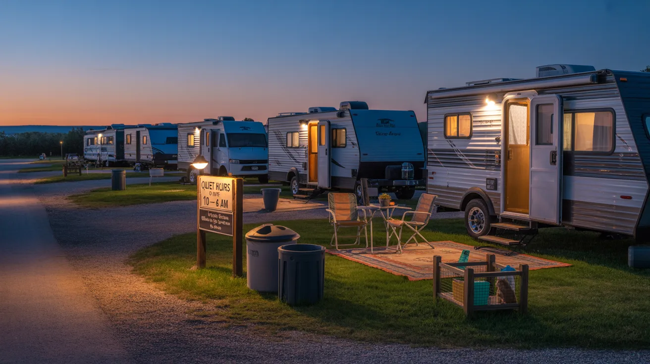 A scenic view of multiple RV parks illuminated by dusk, with soft lighting and silhouettes of trees in the background.