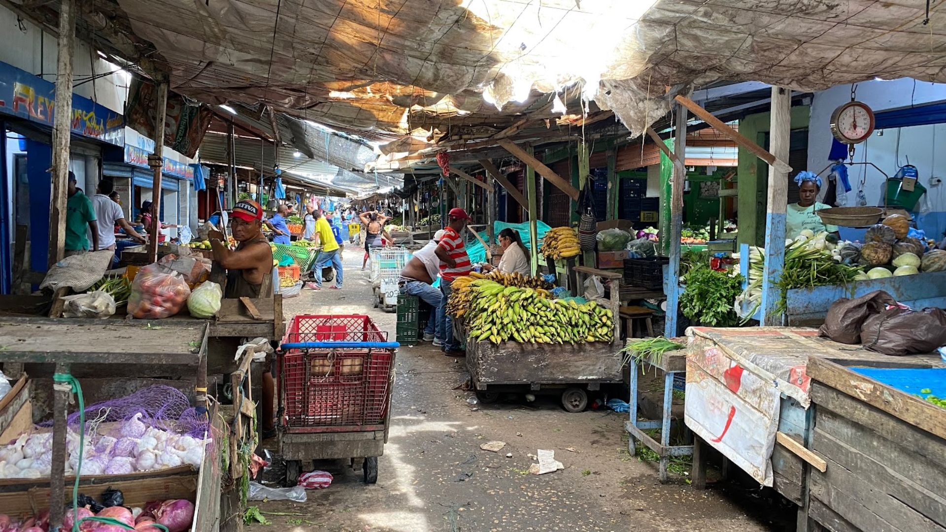 A vibrant market stall filled with a variety of fresh fruits and vegetables in colorful displays.
