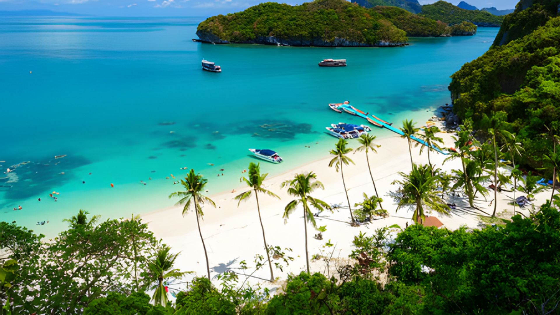 A tropical beach scene with turquoise waters, lush green islands, and white sand. Palm trees line the shore, and colorful boats float nearby. Calm and scenic.