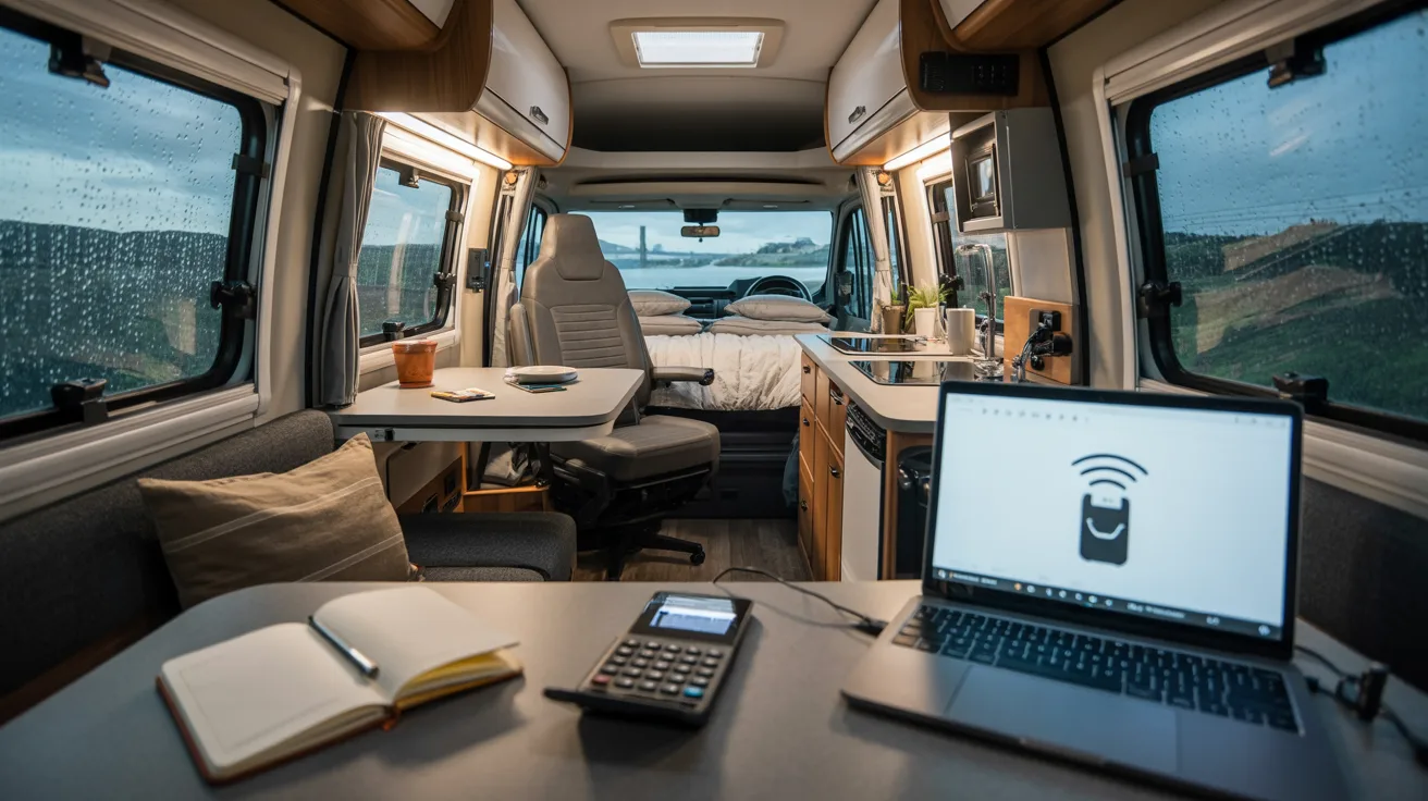 A laptop and a tablet are placed on a desk inside a cozy camper van, showcasing a mobile workspace.
