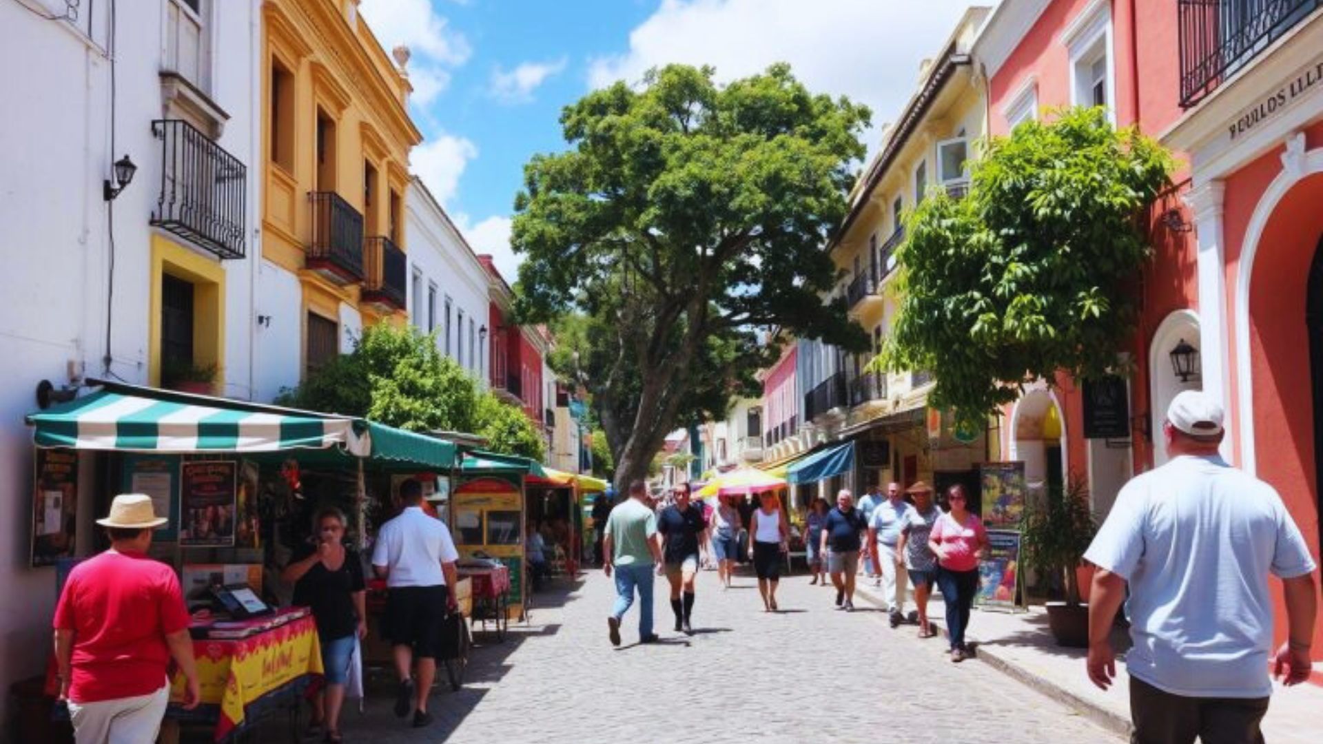 A group of individuals walks down a charming cobblestone street, with city architecture lining both sides.