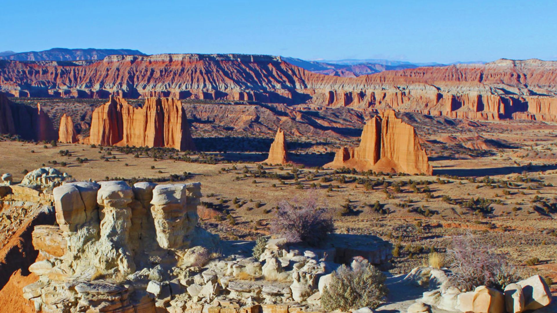 A panoramic view from a Utah cliff, showcasing vast landscapes and distant mountains under a clear blue sky.