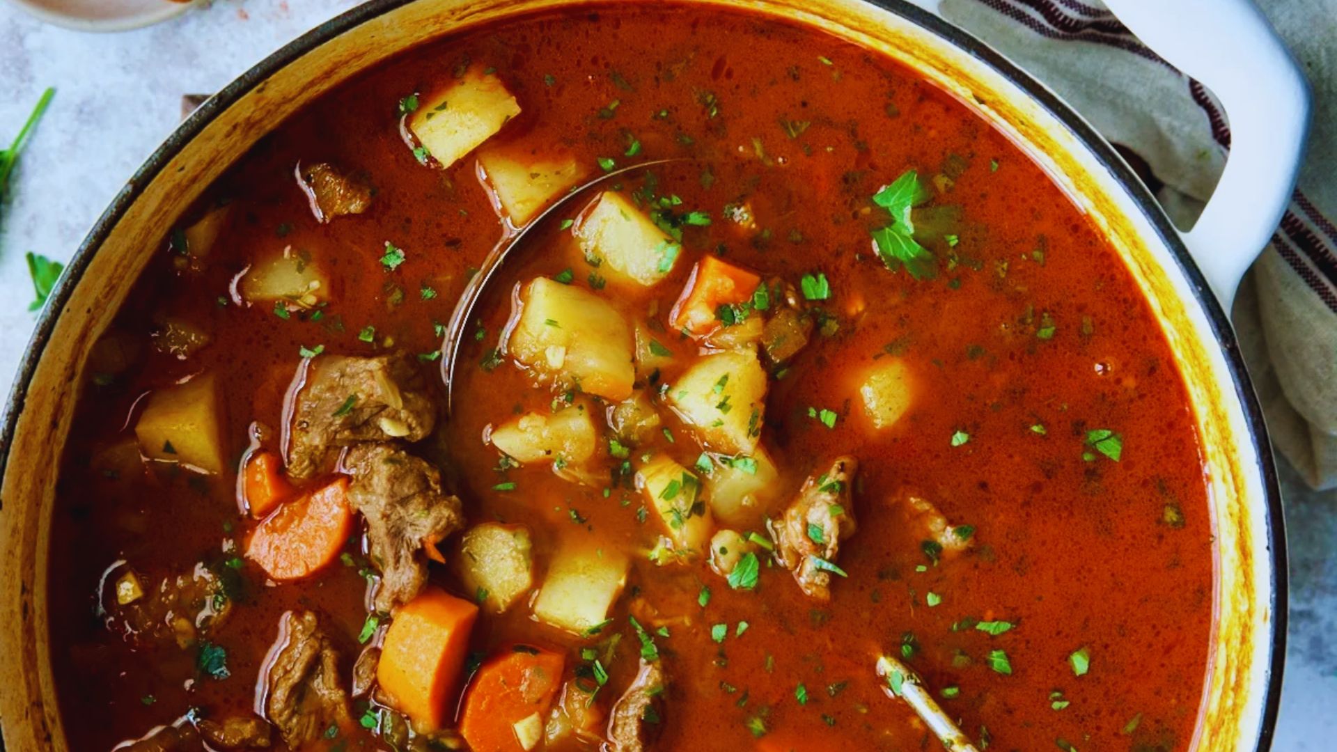 A bowl of hearty beef stew filled with tender potatoes and carrots, garnished with fresh herbs.