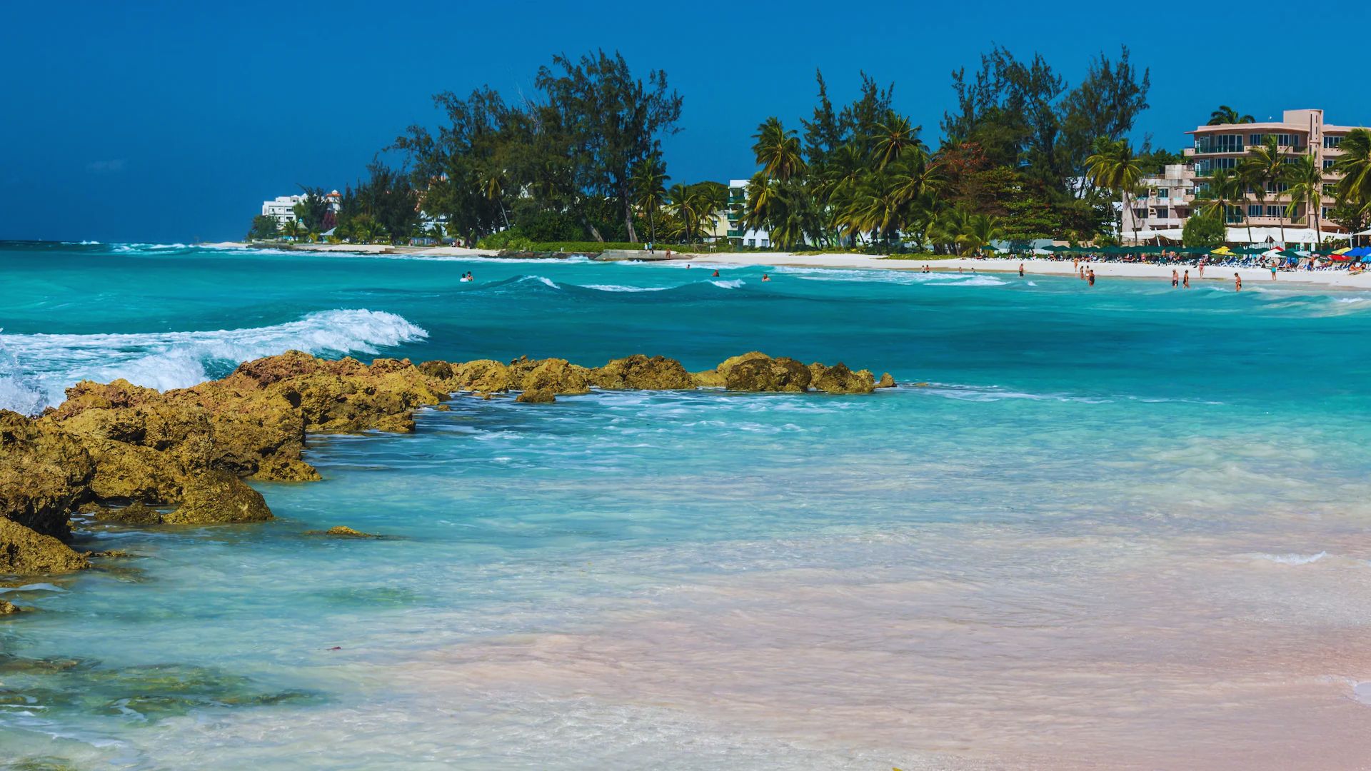 A vibrant beach scene with turquoise waters, gentle waves, and rocks in the foreground. Lush trees and buildings line the distant shore under a clear blue sky.
