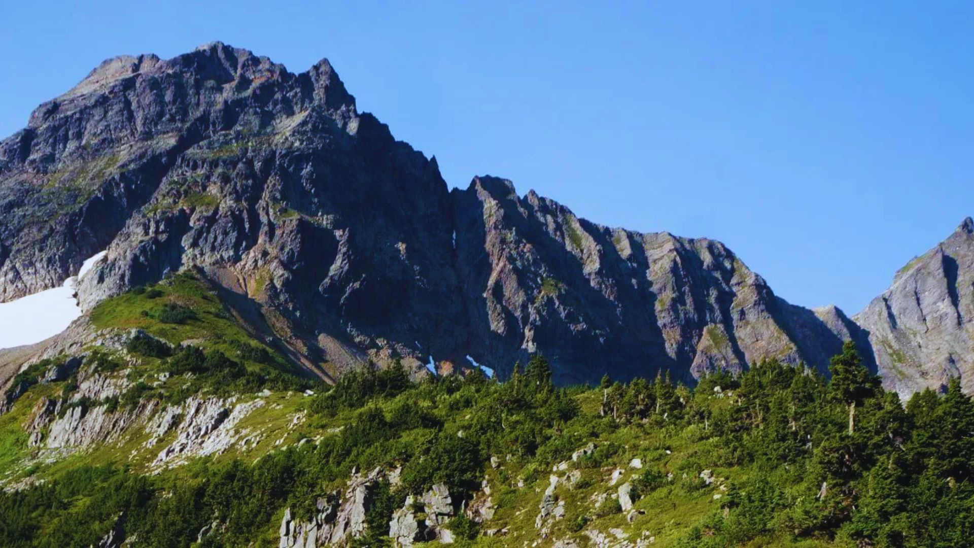 A rugged mountain peak under a clear blue sky, with lush green fir trees and rocky terrain in the foreground. The scene conveys a sense of tranquility.