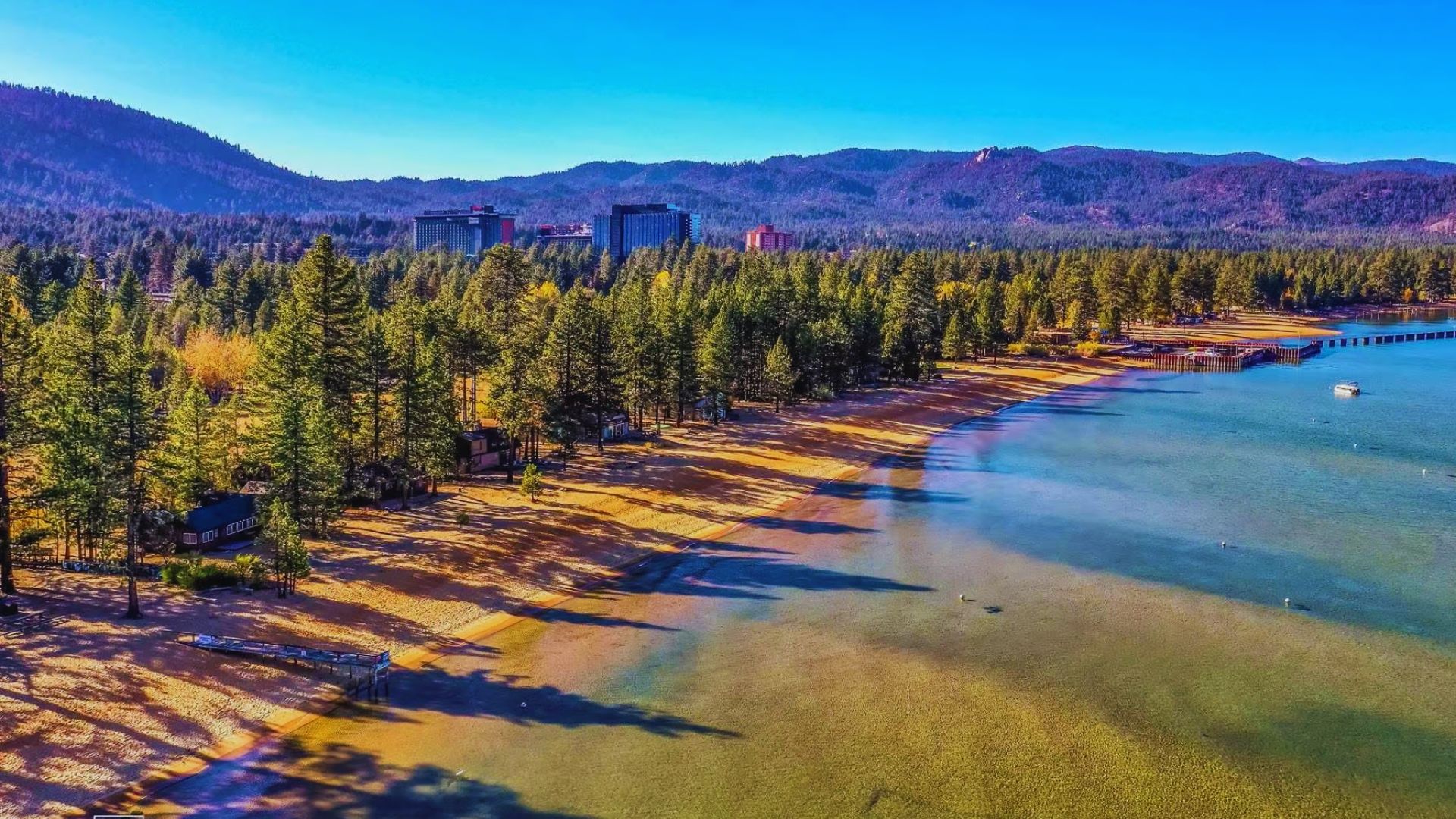 Scenic view of Lake Tahoe shoreline in Tahoe City, California, featuring clear water and surrounding pine trees.
