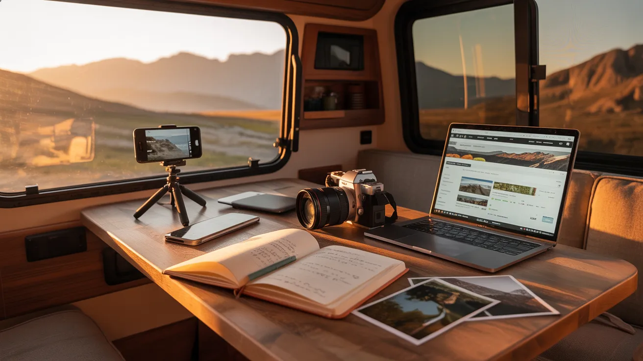 A laptop, camera, and various items are arranged on a table inside a cozy camper.