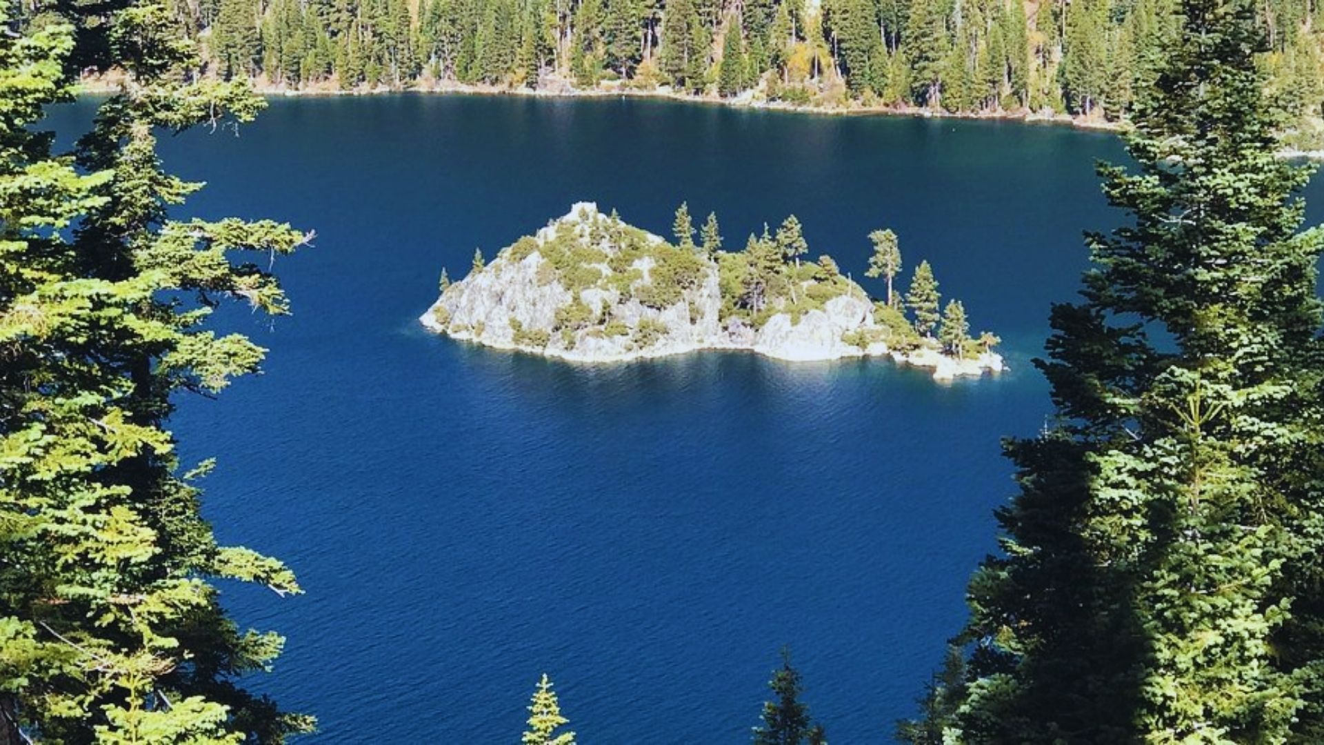 A small island with trees, surrounded by calm waters of a lake, creating a serene natural landscape.