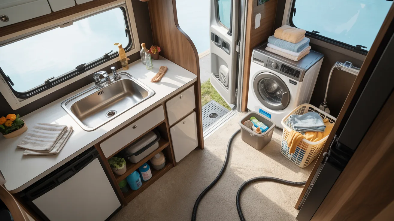 A compact kitchen with a washing machine inside a camper, showcasing efficient use of space and functionality.