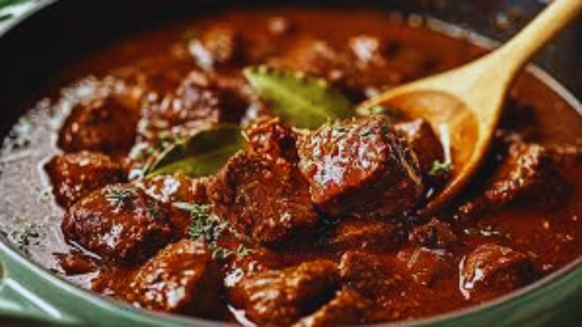 A pot filled with hearty beef stew, featuring tender meat and vegetables simmering in a rich broth.