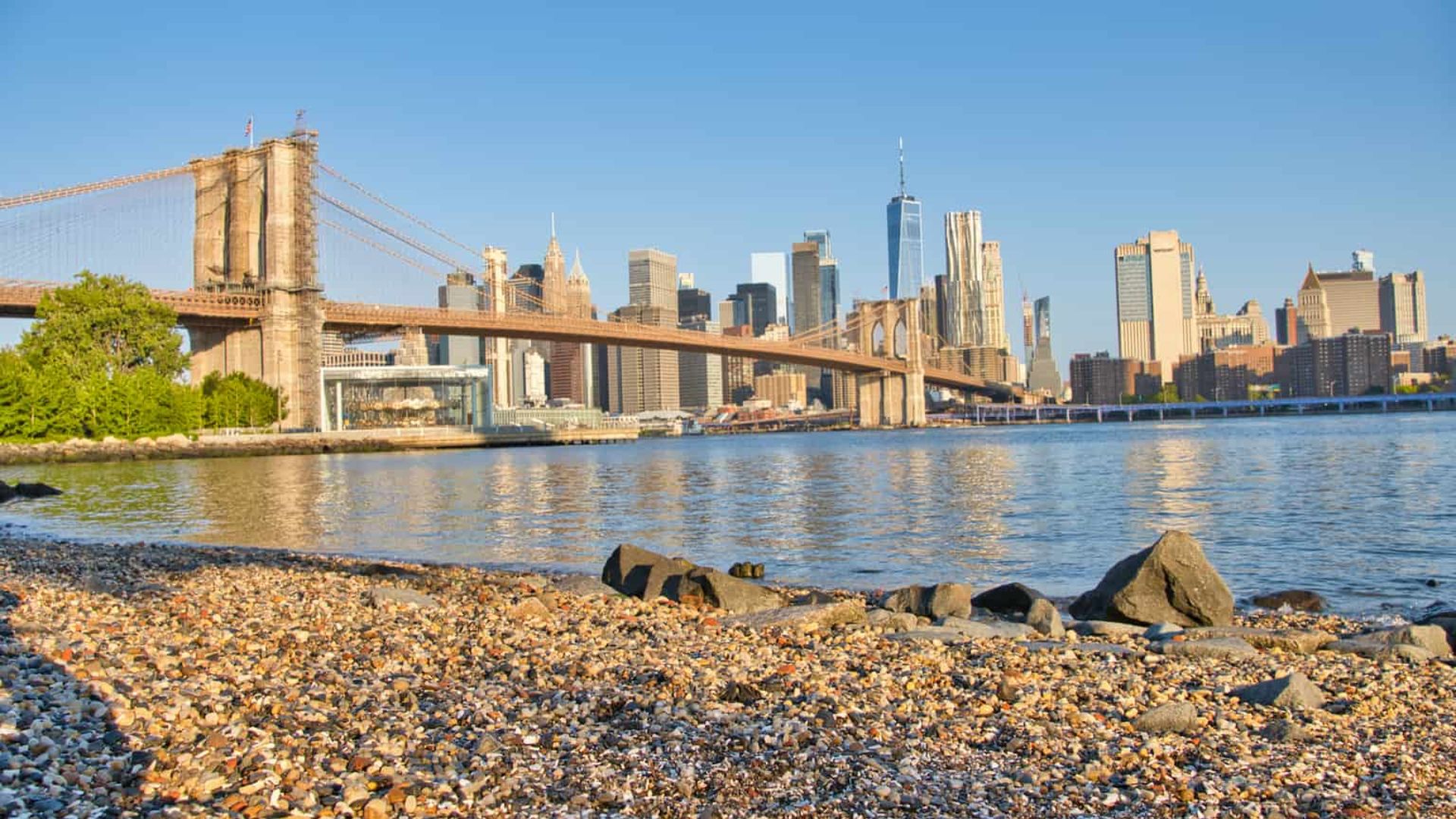 View of the Brooklyn Bridge with the Manhattan skyline in the background, seen from the shore.