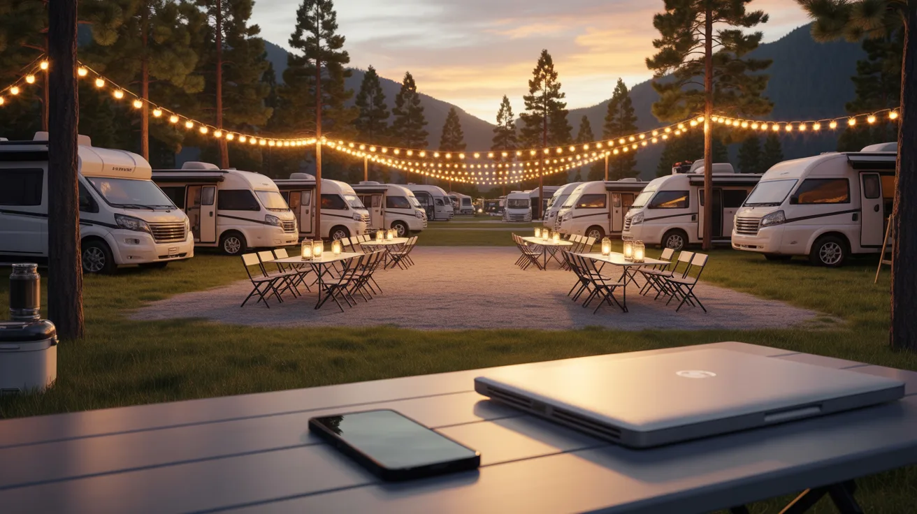 . A laptop sits on a table with an RV parked in the background, suggesting a workspace in a recreational setting.