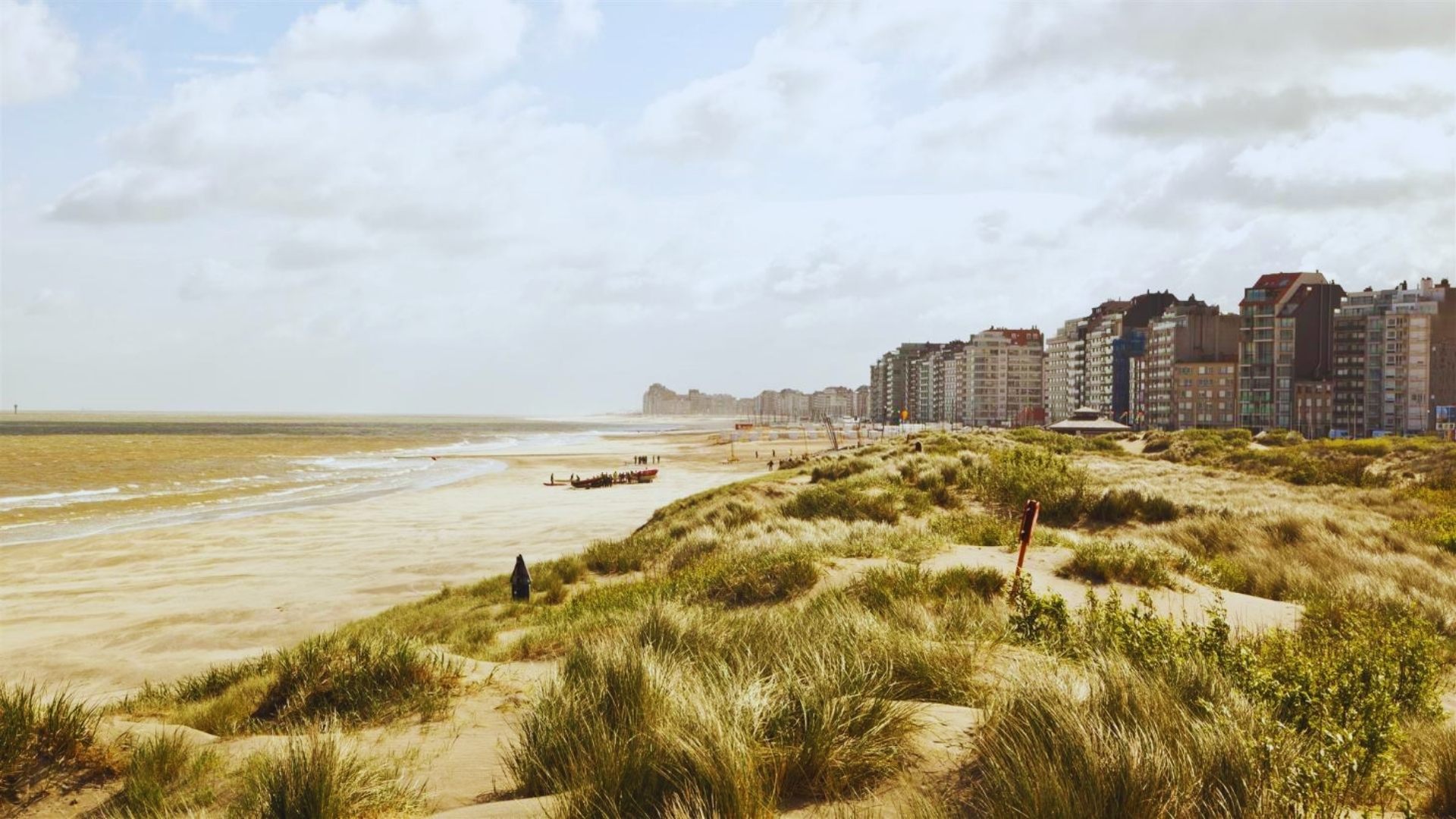 A beach scene featuring sand dunes with buildings visible in the background under a clear blue sky.
