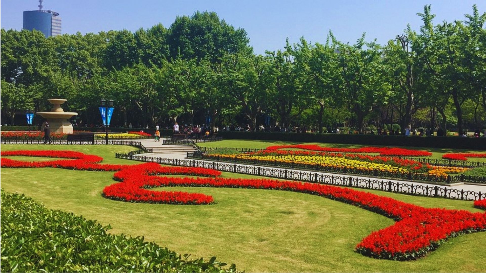 A vibrant park featuring colorful flowers surrounding a central fountain.