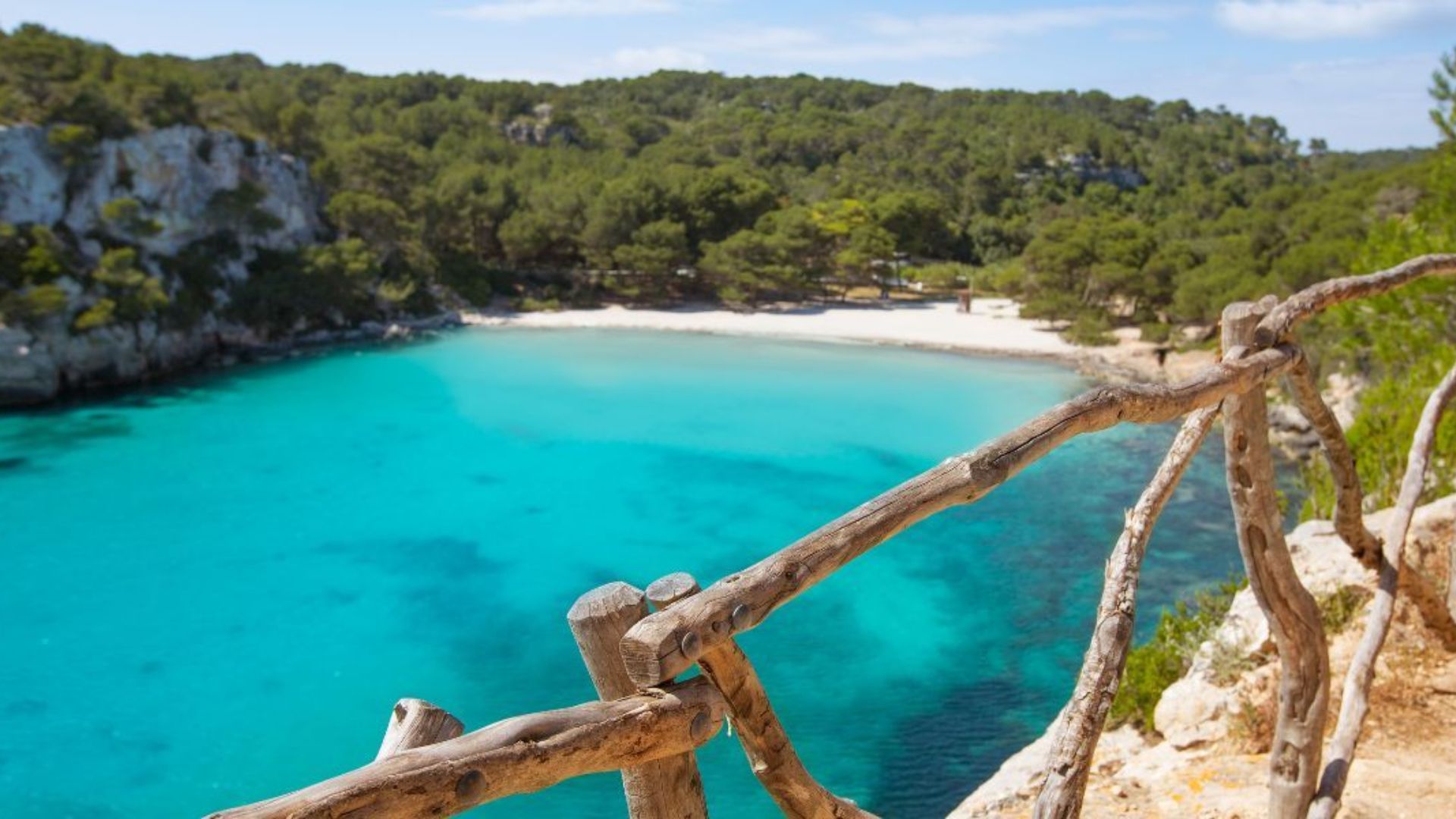 A serene beach cove with turquoise water and white sand, surrounded by lush green trees. A rustic wooden fence lines the rocky foreground, under a clear blue sky.