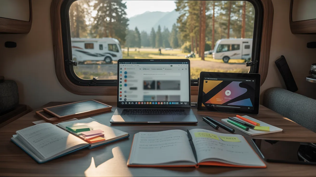 A laptop, notebook, and pen arranged on a table inside an RV, showcasing a workspace in a mobile setting.