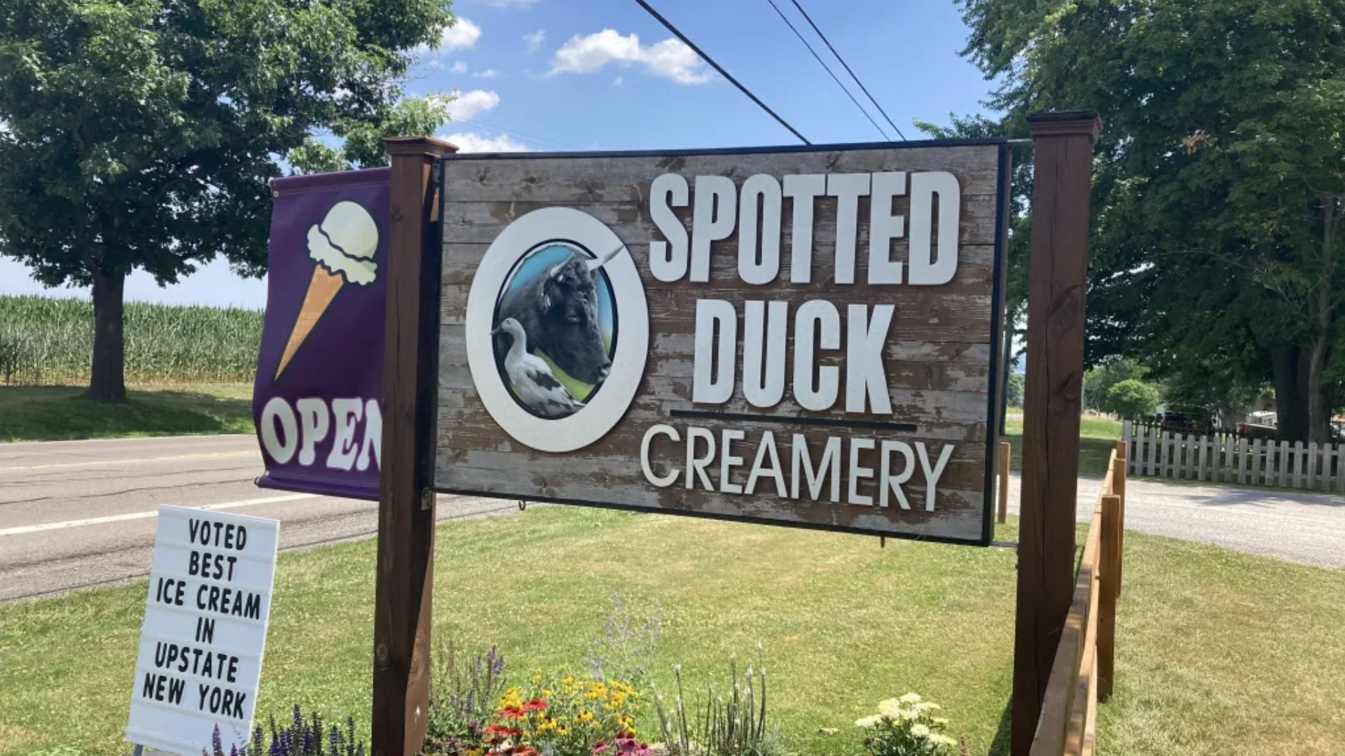 A charming creamery sign featuring a spotted duck, inviting visitors to enjoy delicious ice cream and dairy treats.