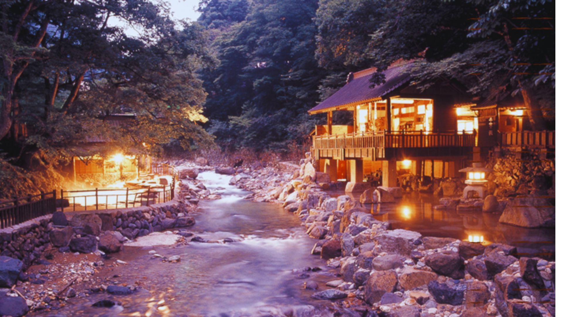 A serene river flows through a lush green forest, surrounded by tall trees and vibrant foliage.