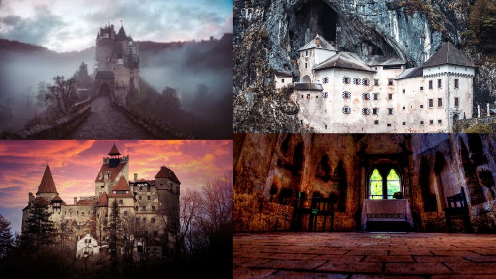 Four images of castles are shown. Top left: a misty castle on a hill. Top right: a castle built into a rocky cliff. Bottom left: a castle under a dramatic sunset. Bottom right: a dimly lit castle interior with a stained glass window.