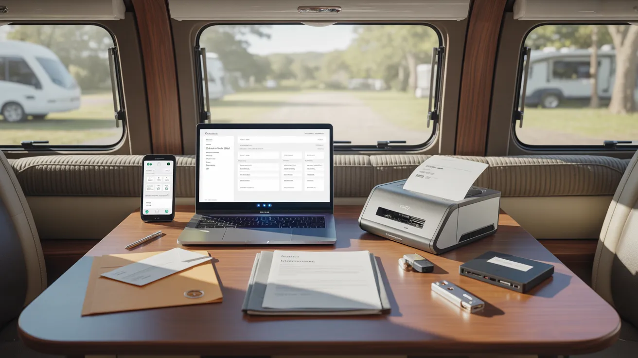 A laptop, printer, and various items are arranged on a table inside a recreational vehicle.