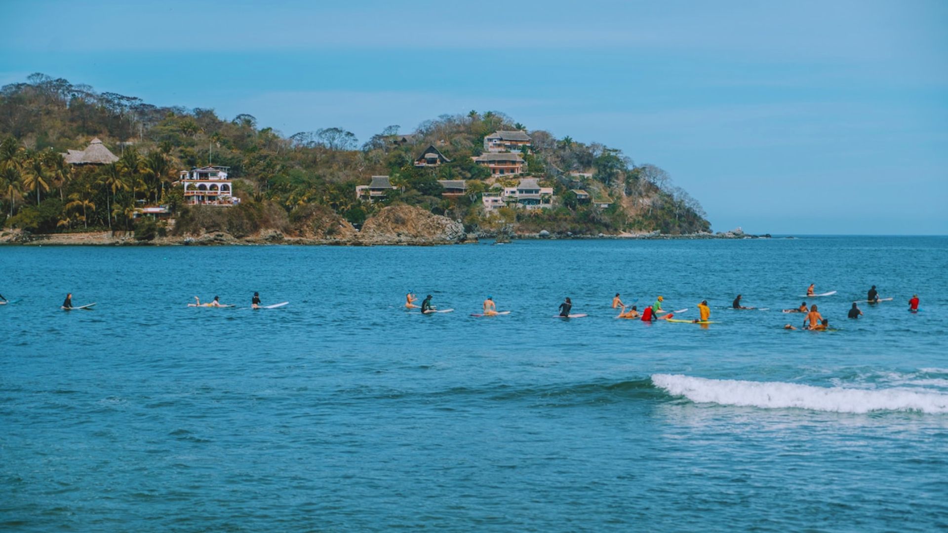 A group of surfers sit on their boards in calm, blue ocean waters near a lush, tree-covered coastline with scattered houses, under a clear sky.