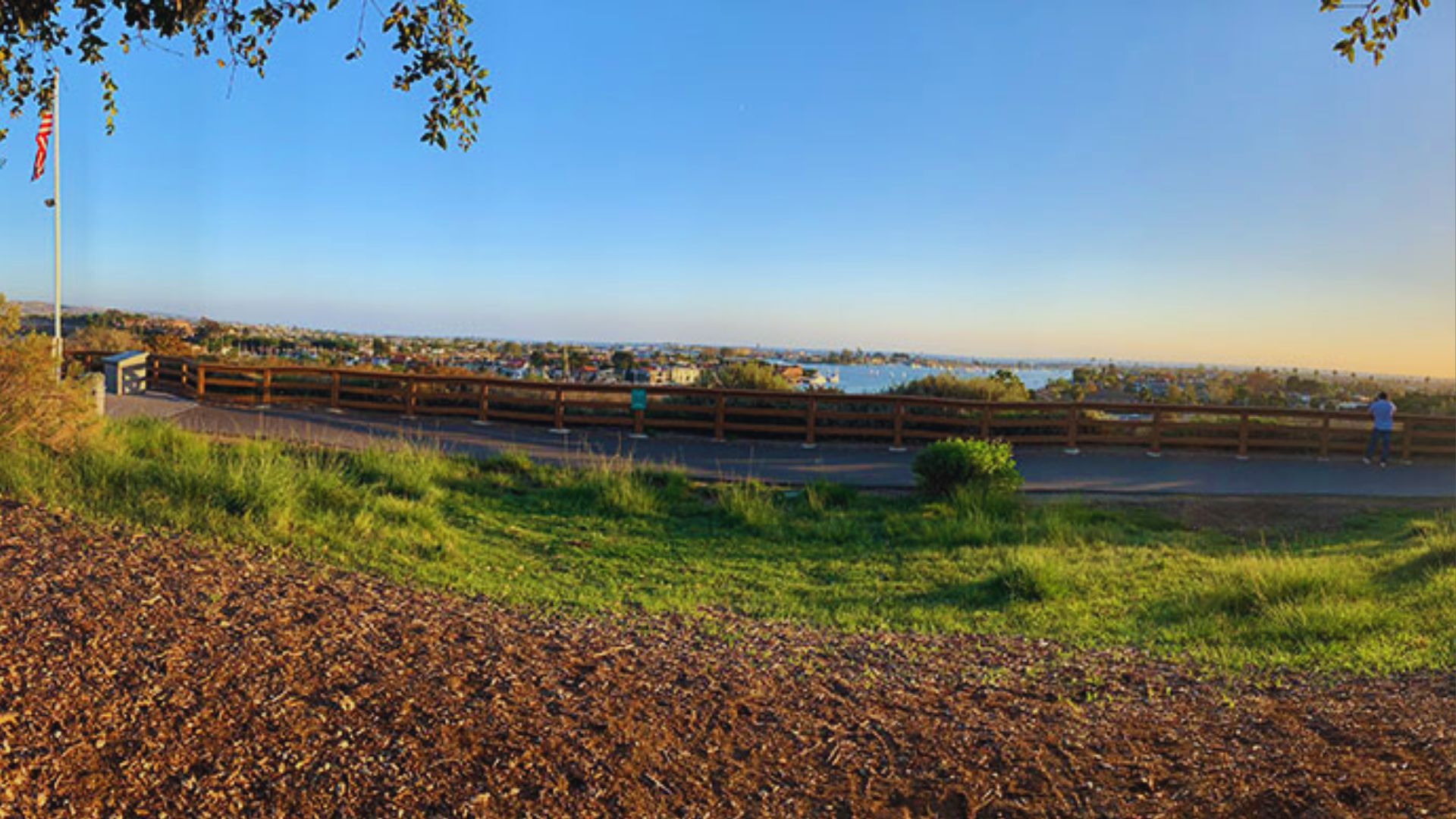 A panoramic view of the city skyline from a hillside, showcasing buildings and greenery under a clear blue sky.